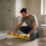 Férfi fürdőszoba felújítási munkálatok során szintezőt használ.