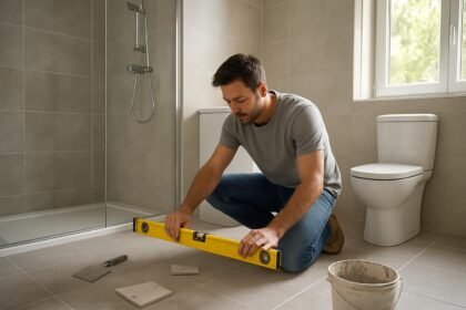 Férfi fürdőszoba felújítási munkálatok során szintezőt használ.