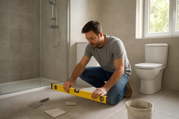 Férfi fürdőszoba felújítási munkálatok során szintezőt használ.