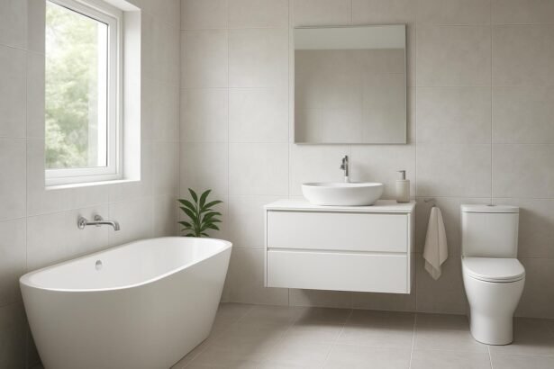 Modern fürdőszoba világos színekkel és letisztult bútorokkal.