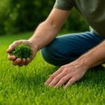 Férfi a gyepen, fűgolyót tart a kezében, kertrendezés.