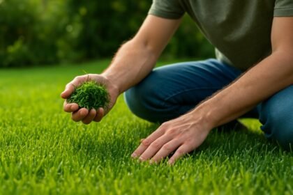 Férfi a gyepen, fűgolyót tart a kezében, kertrendezés.