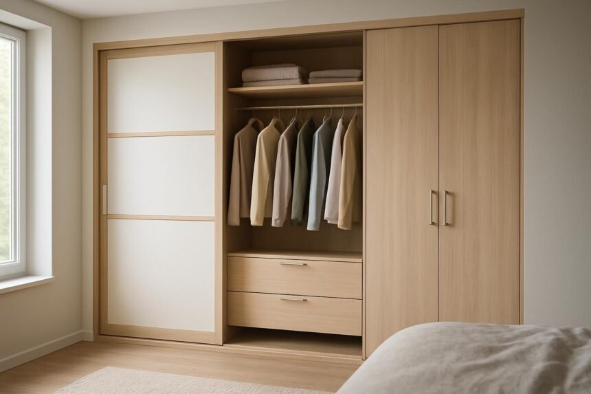 Modern gardróbszekrény tolóajtókkal és nyílóajtókkal.