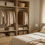 Rendezett hálószobai gardrób világos színű bútorokkal