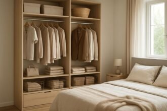 Rendezett hálószobai gardrób világos színű bútorokkal