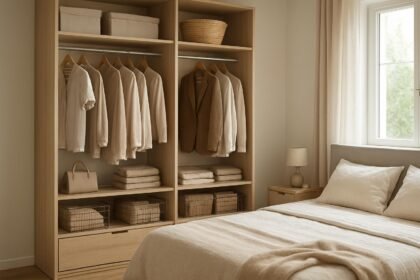 Rendezett hálószobai gardrób világos színű bútorokkal