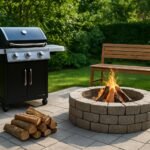 Hangulatos grillező és tűzrakó hely a kertben, családi összejövetelekhez.