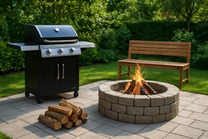 Hangulatos grillező és tűzrakó hely a kertben, családi összejövetelekhez.