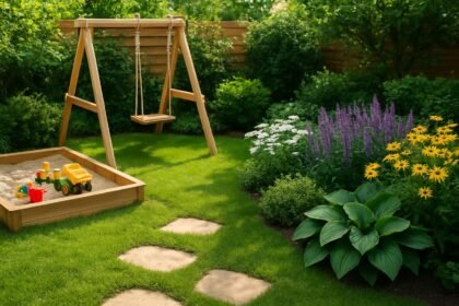 Gyerekbarát kert játszósarok hintával és homokozóval.