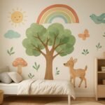 Kreatív gyerekszoba dekoráció vidám falfestménnyel és bútorokkal.