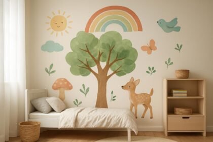 Kreatív gyerekszoba dekoráció vidám falfestménnyel és bútorokkal.