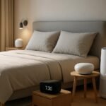 Modern hálószoba high-tech eszközökkel az alvásminőség javításához.