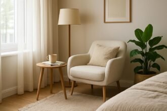 Kényelmes olvasósarok egy hálószobában világos színekkel és növényekkel.