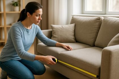 Nő bútor mérés közben lakberendezéshez