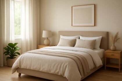 Pihentető hálószoba világos színekkel és természetes elemekkel.