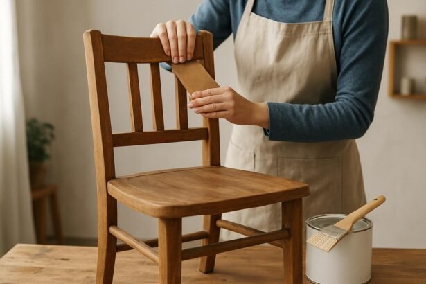 Bútorfelújítás egy régi széken csiszolópapírral.