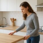 Nő a konyhában, konyhapultot ellenőrizve ergonomikus magasság érdekében.