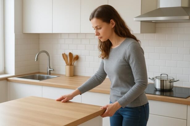 Nő a konyhában, konyhapultot ellenőrizve ergonomikus magasság érdekében.