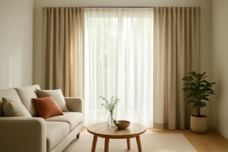 Modern nappali függönyök világos színekben, otthonos hangulatban.