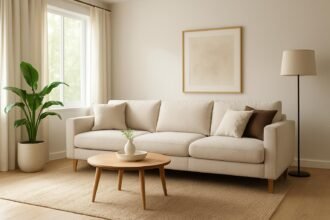 Modern, világos kanapé és dekoráció a nappaliban.