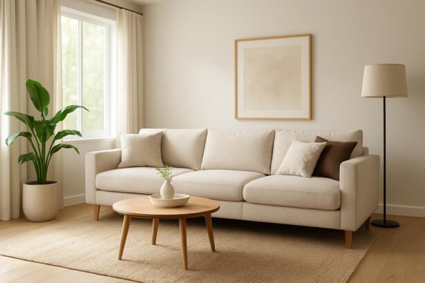 Modern, világos kanapé és dekoráció a nappaliban.