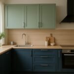 Modern konyha zöld és kék bútorokkal, világos faburkolattal.