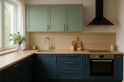 Modern konyha zöld és kék bútorokkal, világos faburkolattal.