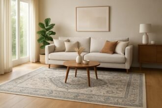 Szép nappali szőnyeg világos bútorokkal és növényekkel.