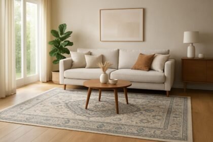 Szép nappali szőnyeg világos bútorokkal és növényekkel.