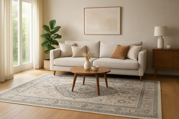Szép nappali szőnyeg világos bútorokkal és növényekkel.