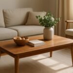 Időtálló bútorok: modern kanapé és fa asztal egy nappaliban.