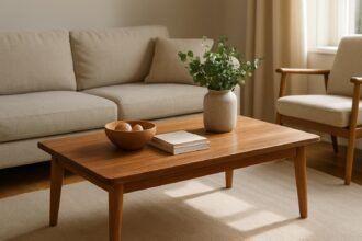 Időtálló bútorok: modern kanapé és fa asztal egy nappaliban.
