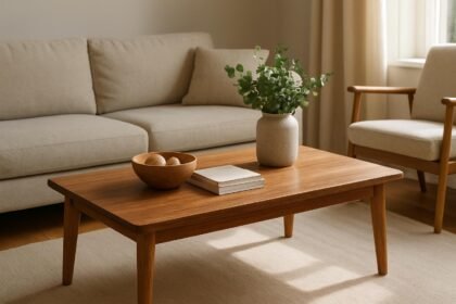 Időtálló bútorok: modern kanapé és fa asztal egy nappaliban.