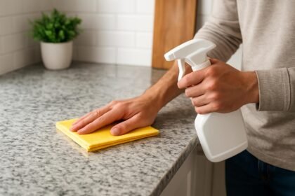 Konyhapult tisztítása spray-vel és szivaccsal