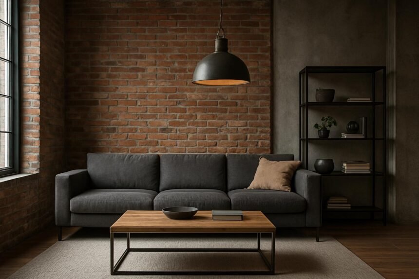 Ipari stílusú nappali nyers téglával és fém bútordarabokkal.
