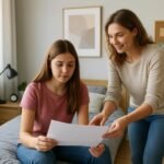 Kamaszszoba berendezéséről beszélgető tinédzser és szülő a szobában.