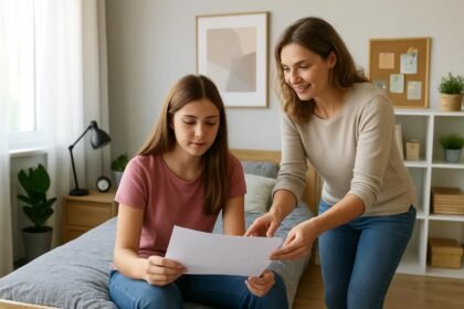 Kamaszszoba berendezéséről beszélgető tinédzser és szülő a szobában.