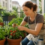 Nő kertészkedés a teraszon, friss paradicsomot gondoz.