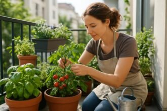 Nő kertészkedés a teraszon, friss paradicsomot gondoz.