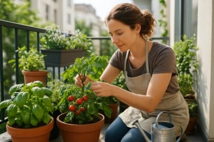 Nő kertészkedés a teraszon, friss paradicsomot gondoz.