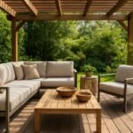 Kellemes kültéri nappali a hétvégi pihenéshez a kerti teraszon.