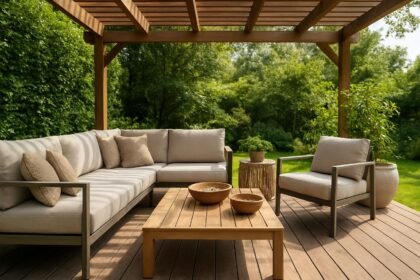 Kellemes kültéri nappali a hétvégi pihenéshez a kerti teraszon.