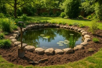 Kerti tó a friss zöldben, lapáttal és ásóval a partján