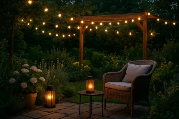 Hangulatos kerti világítás teraszra és hintaágy mellé.