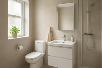 Modern kis fürdőszoba berendezés praktikus tárolással