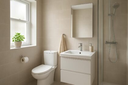 Modern kis fürdőszoba berendezés praktikus tárolással