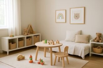 Modern gyerekszoba játékos bútorokkal és tároló megoldásokkal.