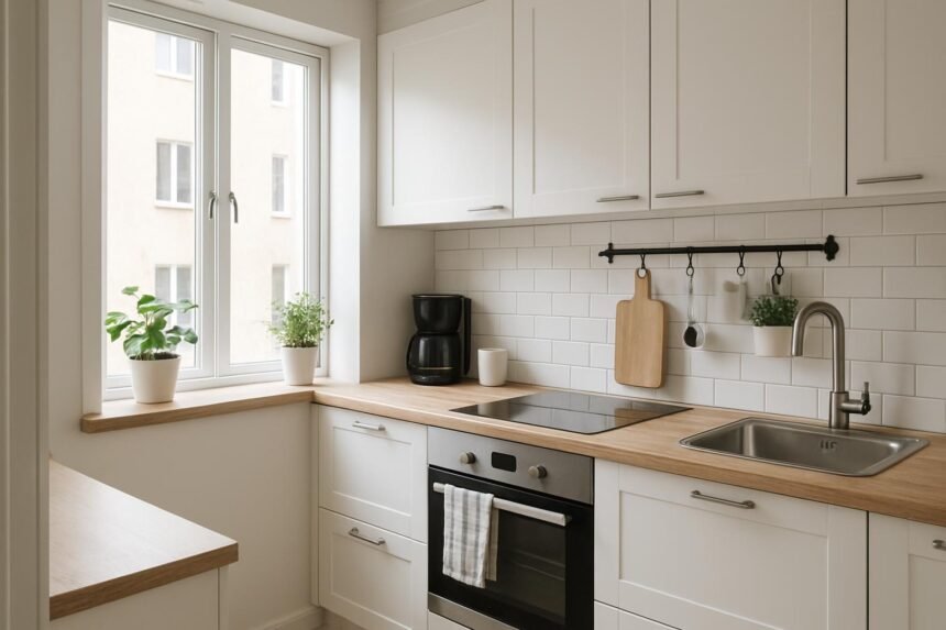 Modern kis konyha design okos tárolással és praktikus elemekkel.