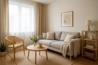 Kis nappali modern berendezése világos bútorokkal és növényekkel