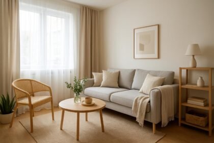 Kis nappali modern berendezése világos bútorokkal és növényekkel